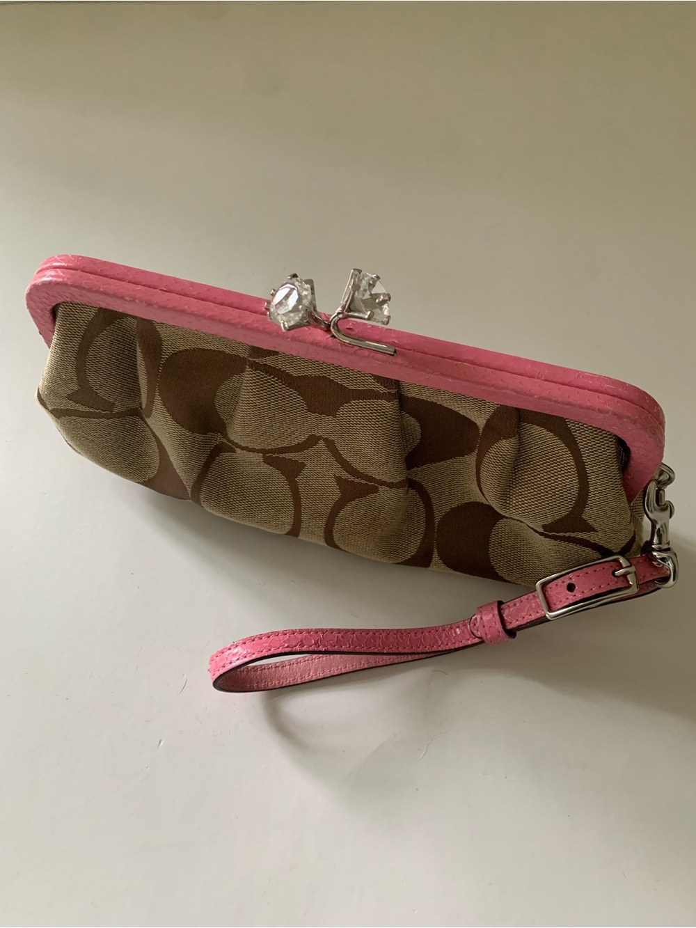 Coach Signature Canvas Logo Snakeskin Trim Framed Kisslock Clutch, Pink Snake